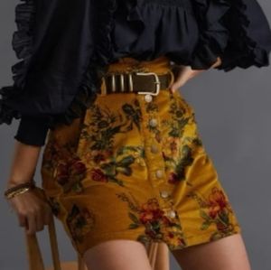 Pilcro Anthropologie Mustard Green Corduroy Cottagecore Floral Mini Skirt 6